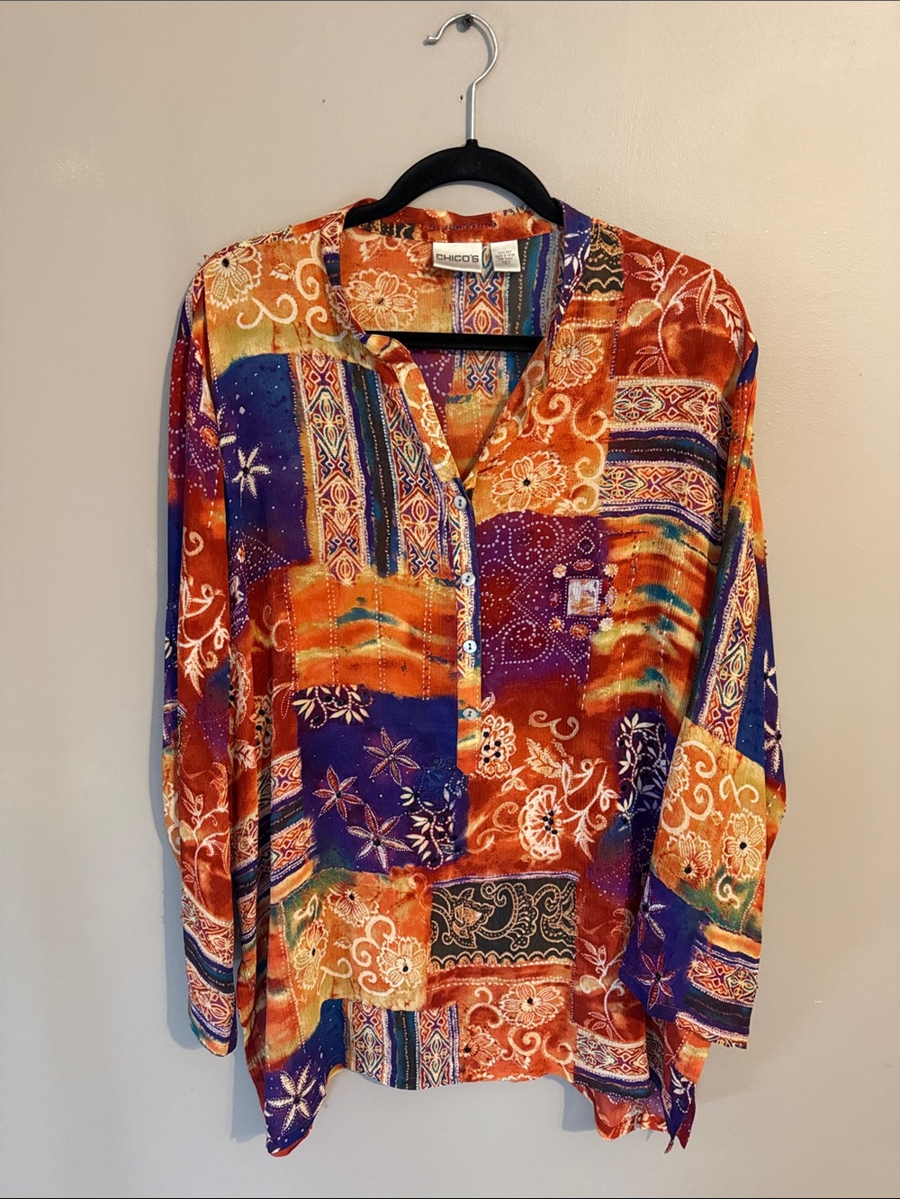 Chico's Purple/Orange Crinkle Silk Tunic. Southwest vibe. Size 3